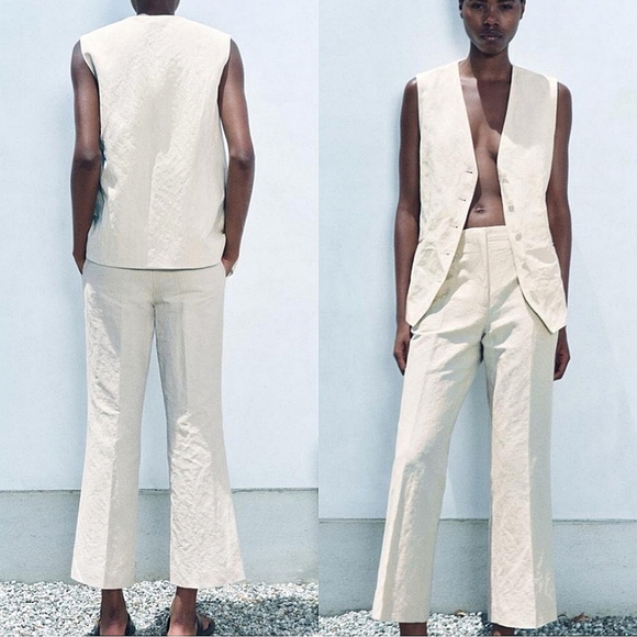 ZARA "SET" ECRU WRINKLED EFFECT VEST/PANT CO-ORD 💖 - Picture 1 of 8